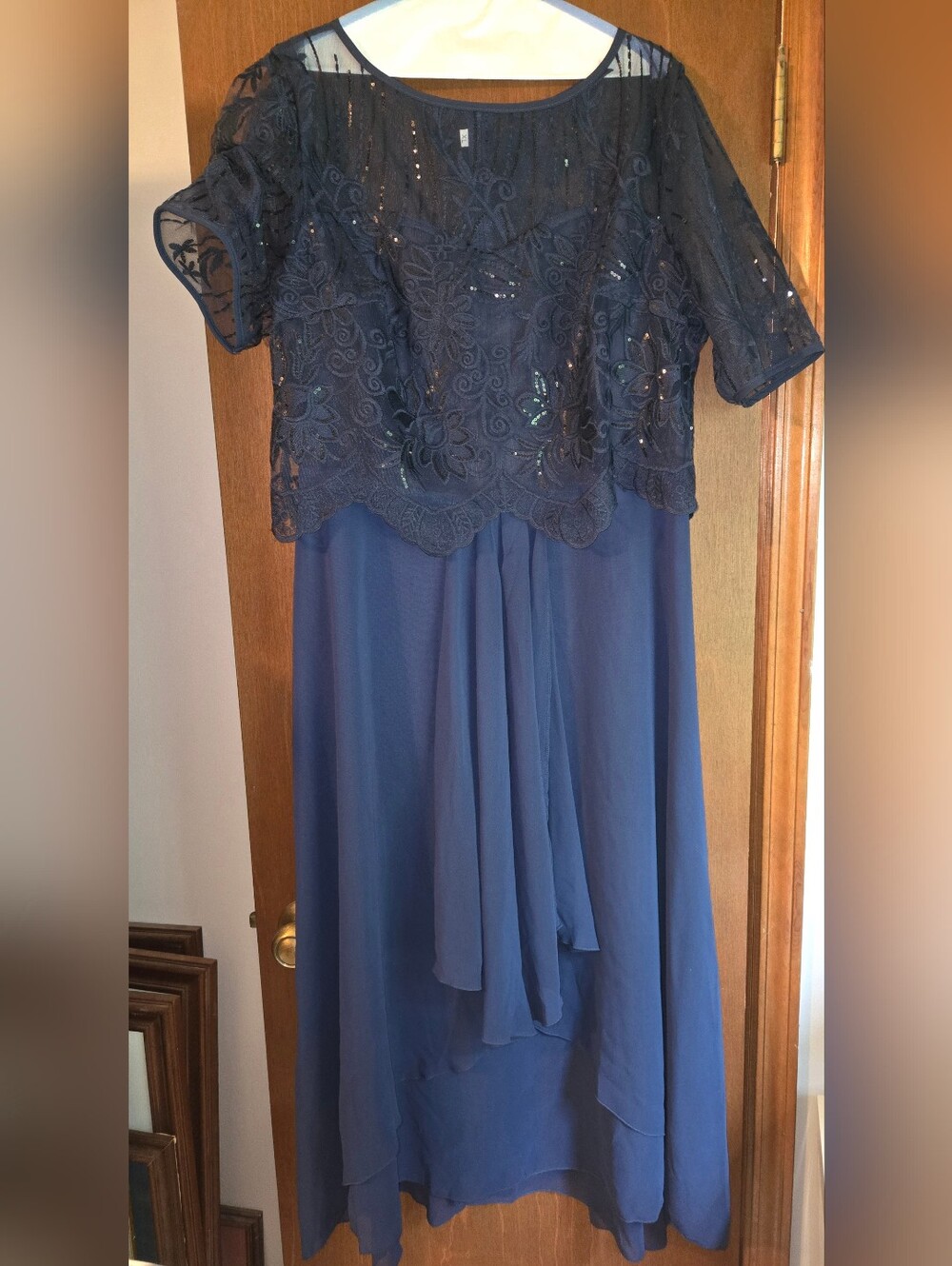 Navy Blue Lace Overlay Evening Dress